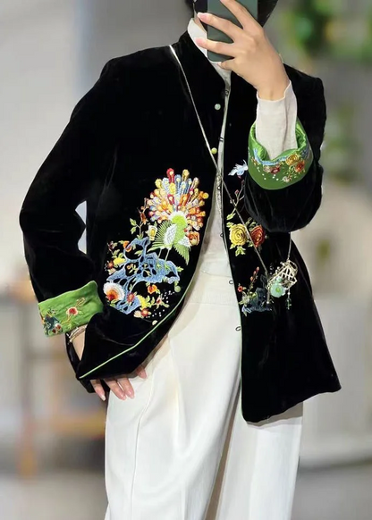 Chinese Style Standing Collar Embroidered Patchwork Velvet Jacket