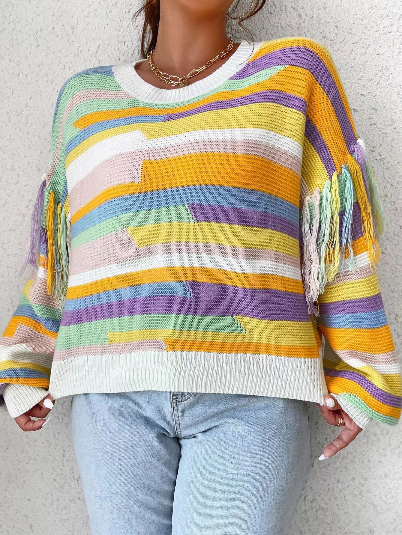 Loose Pullover Striped Fringed Knit Sweater