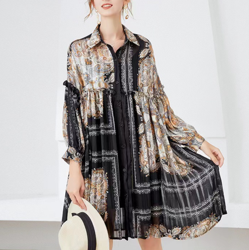 Elegant Printed Lapel Long Sleeve Cardigan Dress