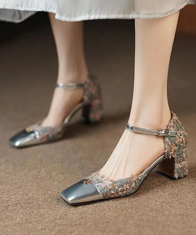 Elegant Color Chunky Heel Buckle Strap Square Toe Shoes