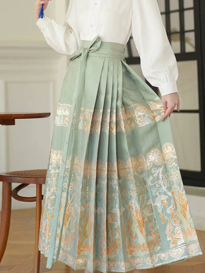 Elegant Vintage Green Printed Pleated Skirt