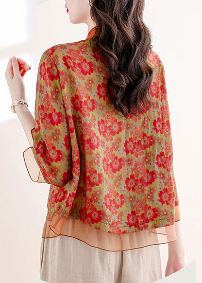 Elegant Standing Collar Printed Patchwork Linen Shirt Top