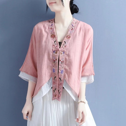 Elegant Embroidered Cardigan Cotton Short Sleeve Blouse Top