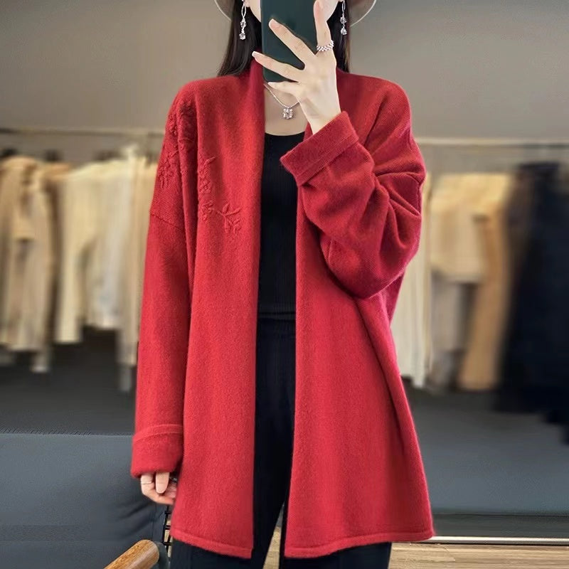 Patchwork Cashmere Cardigan V-Neck Long Sleeve Sweater Jacket