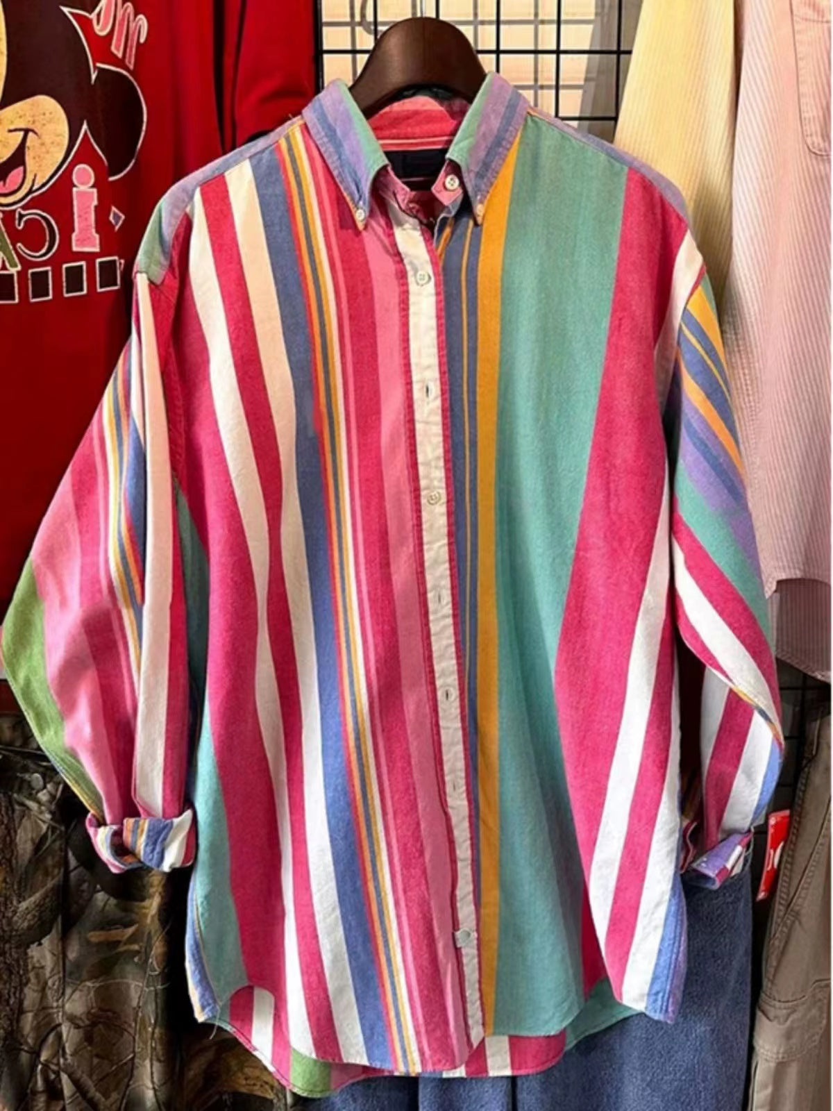 Loose Retro Lapel Colourful Striped Long Sleeve Shirt Top