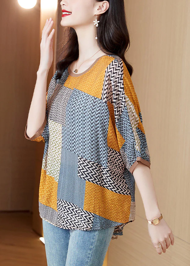 Casual O Neck Printed Patchwork Silk Half Sleeve Top