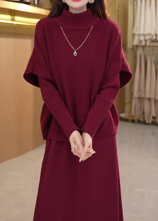 Two-piece winter set with turtleneck knit top and wide-leg pants