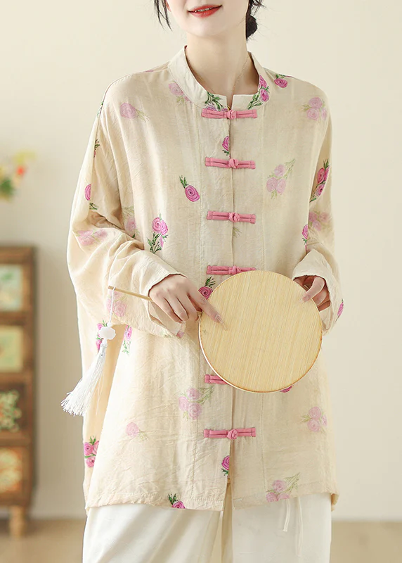 Chinese Style Printed Buttoned Cotton Shirt Spring