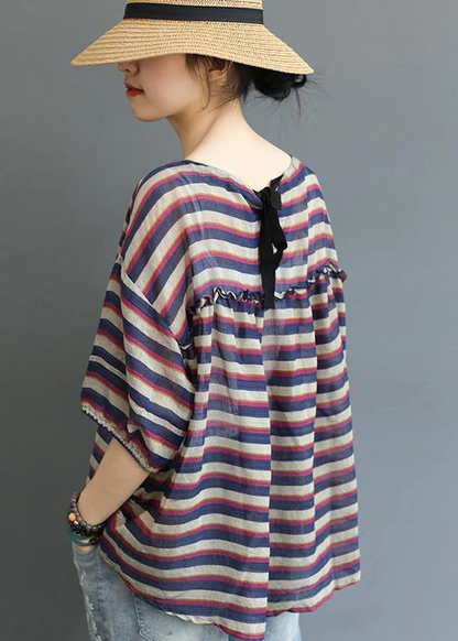 Colorblocked Striped O-Neck Asymmetric Design Printed Shirt Top