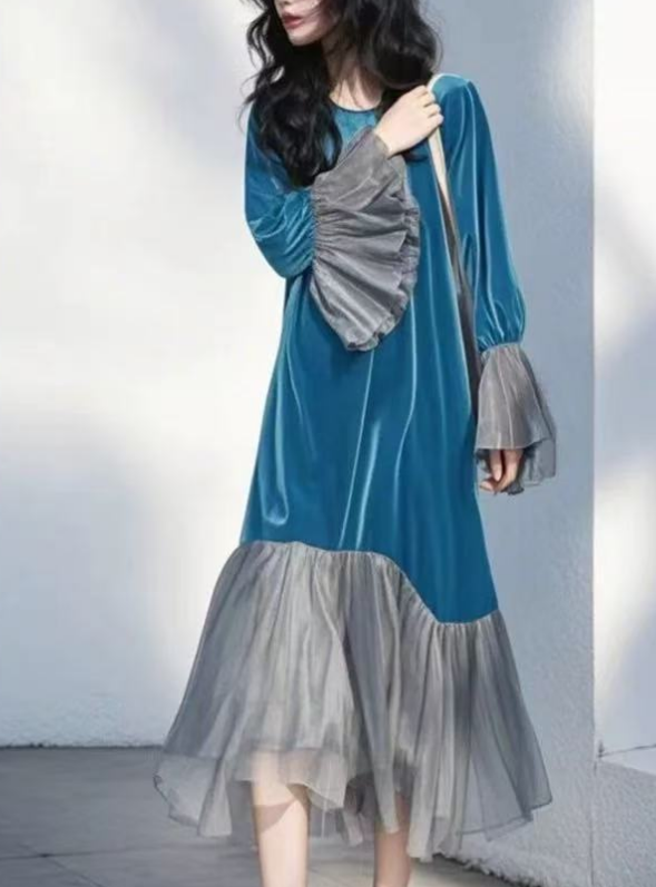 Women's Velvet Blue Patchwork Long Sleeve Dress