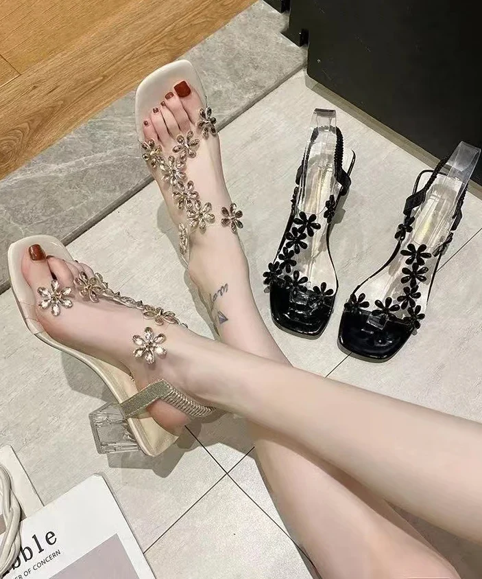 Chunky Heel Floral Patchwork Sandals Open Toe