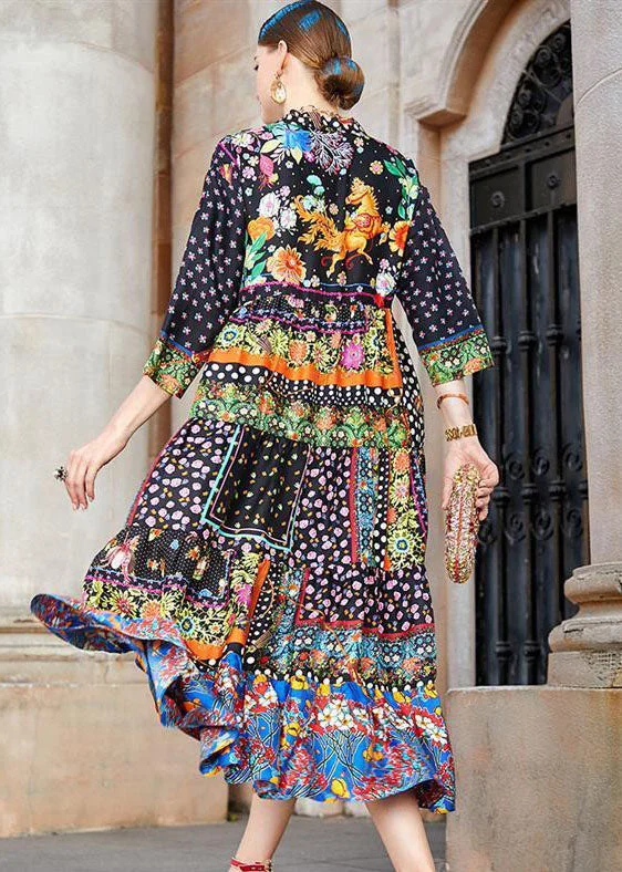 Bohemian Colorblocked V-Neck Printed Silk Long Dress