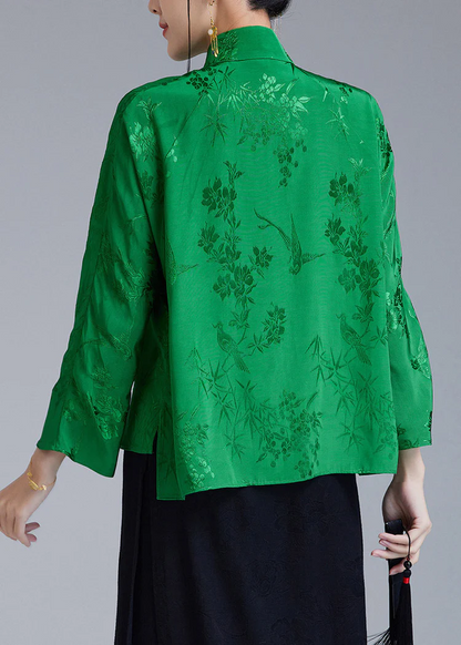 Elegant Standing Collar Jacquard Slant Button Silk Long Sleeve Top