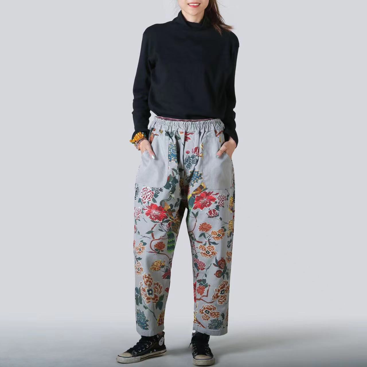 Pocket Printed Trousers Straight Leg Denim Stretch Waist