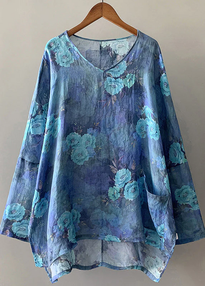 Chinese Blue Plus Size Flower Linen Shirt Long Sleeve Blouse Spring