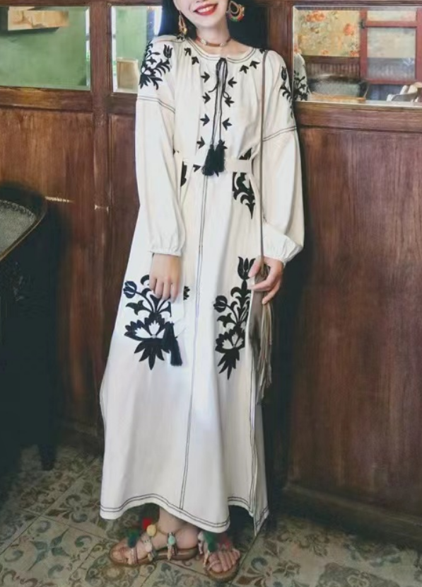 Bohemian Embroidered Strappy Long Sleeve Long Dress