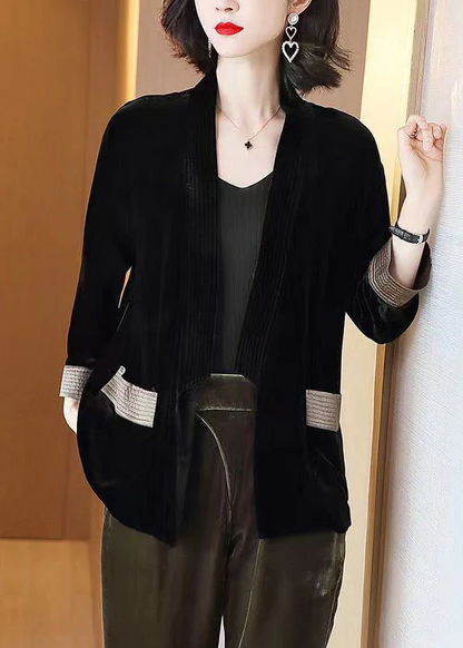 Loose V-Neck Pocket Patchwork Velvet Cardigan Coat