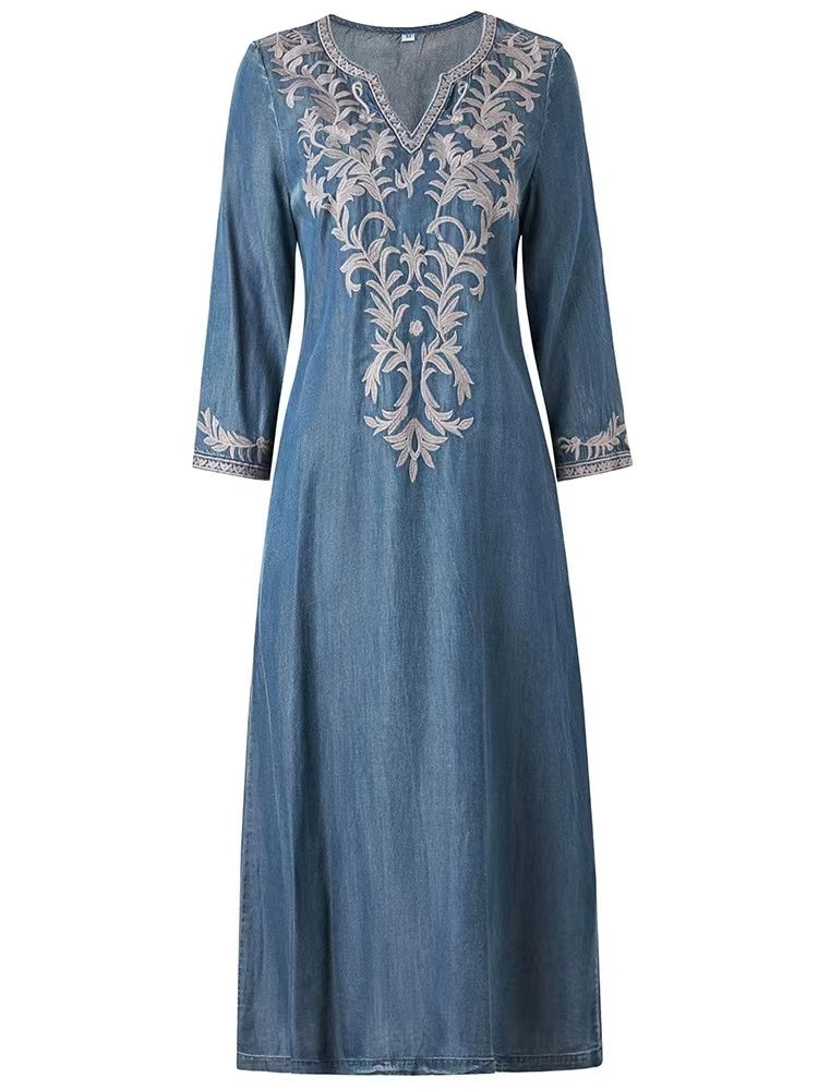 Loose V-neck embroidered dress