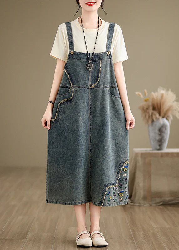 Women's Denim Embroidered Floral Spaghetti Strap Sleeveless Dresses