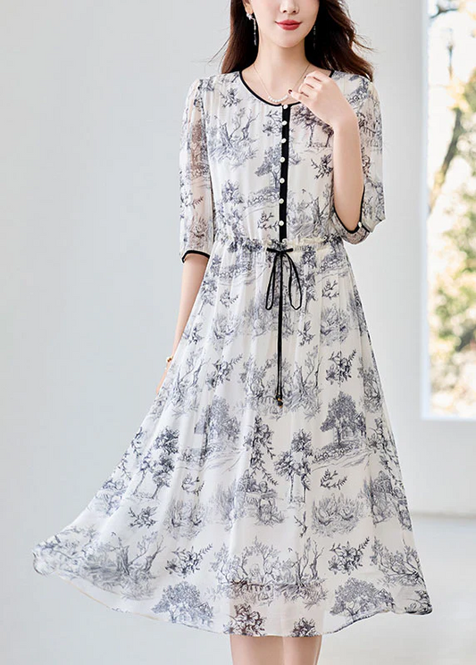 Elegant O Neck Printed Drawstring Short Sleeve Dress