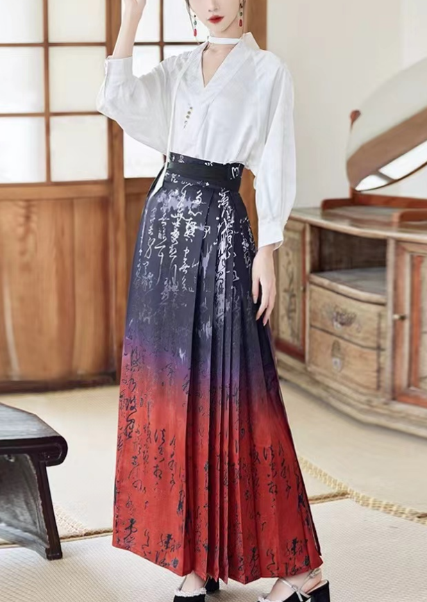 Elegant Printed Gradient Text Tie Pleated Skirt