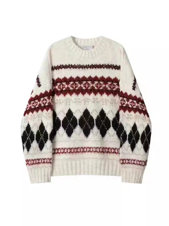 Geometric White Clashing Colours Pullover Sweater