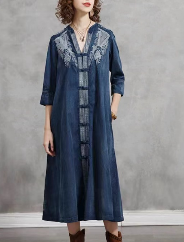 V-Neck Button Embroidered Short Sleeve Denim Dress