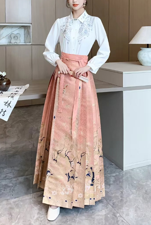 Elegant High Waist Blue Printed Pleated Skirt