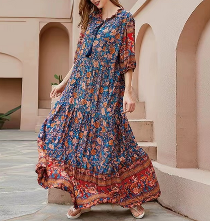 Elegant Printed Strappy Color Clash Beach Short Sleeve Dress