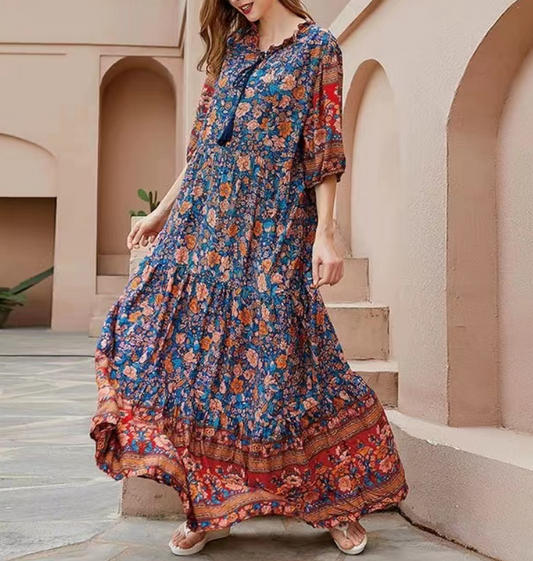 Elegant Printed Strappy Color Clash Beach Short Sleeve Dress