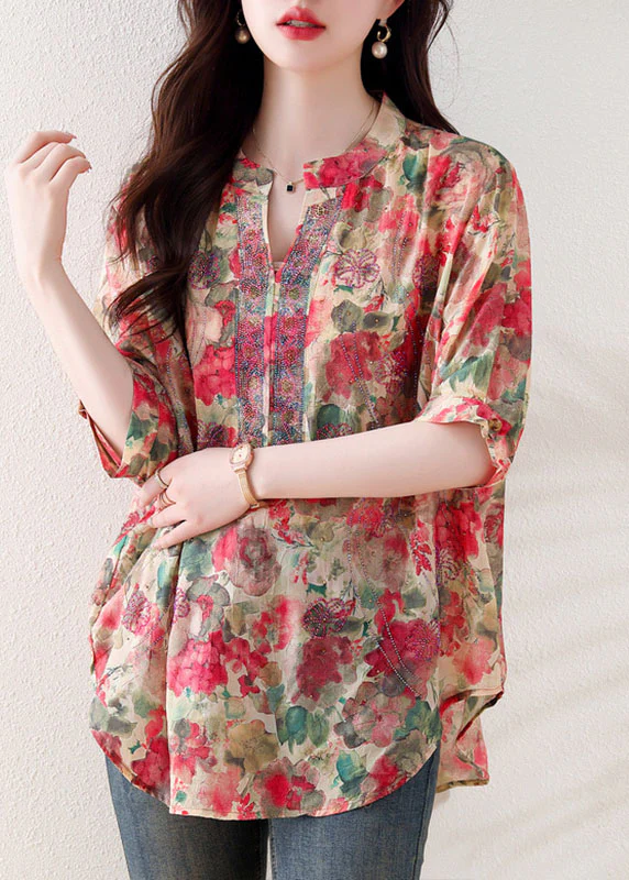 Loose V-Neck Printed Cotton Short Sleeve Shirt Top