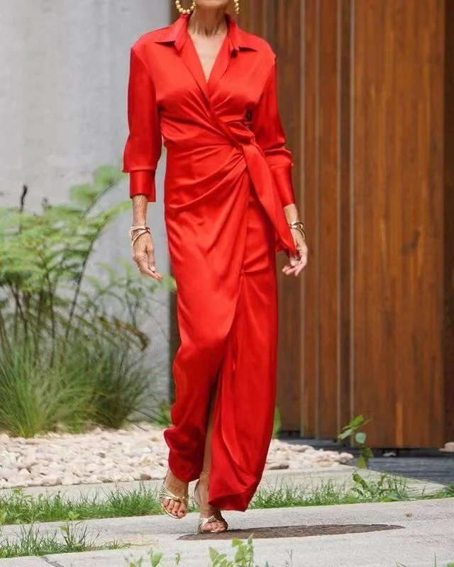 Satin Wrap Shirt Long Sleeve Maxi Dress