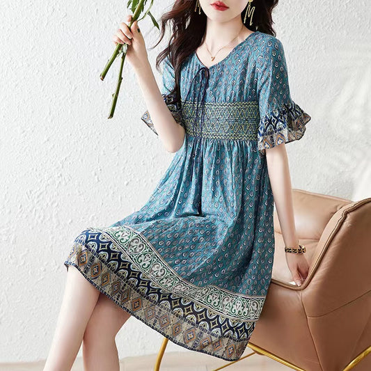 V-Neck Tie Printed Ruffle Color Collision Short Sleeve Dress