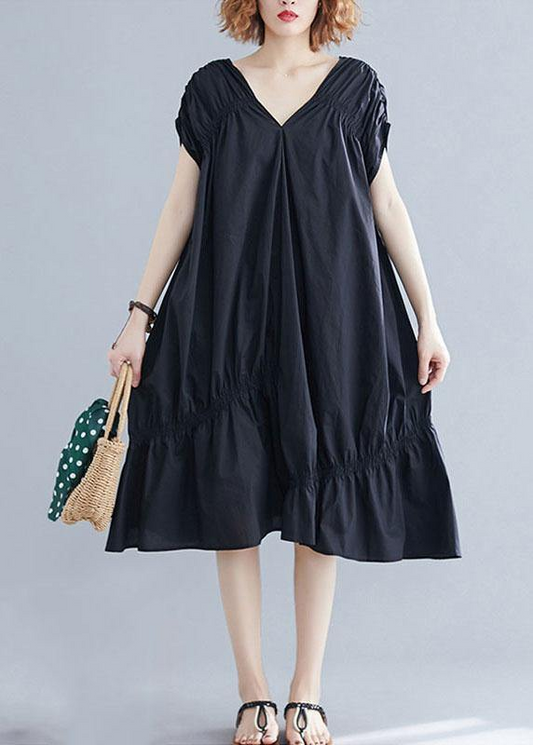 Italian V-neck waisted cotton dress black dress