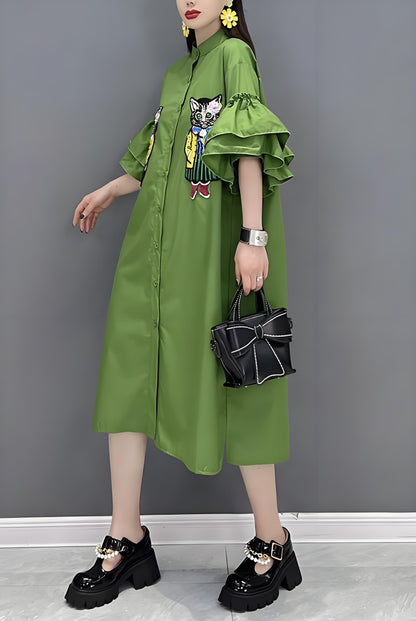 Women's Plus Size Green Standing Collar Cat Embroidery Shirt Dress Spring