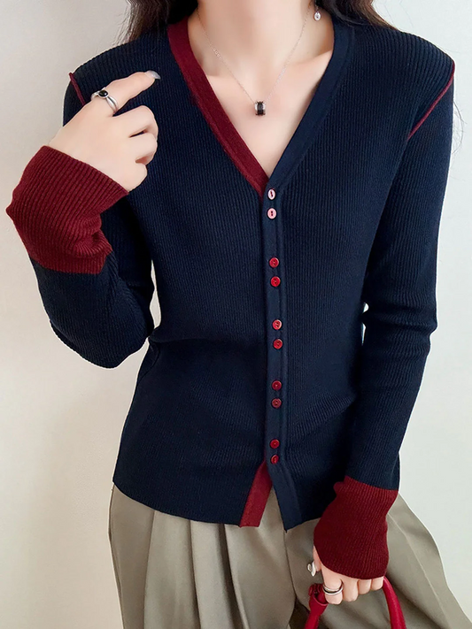 Women's V-Neck Colorblocked Knit Cardigan Long Sleeve Spring