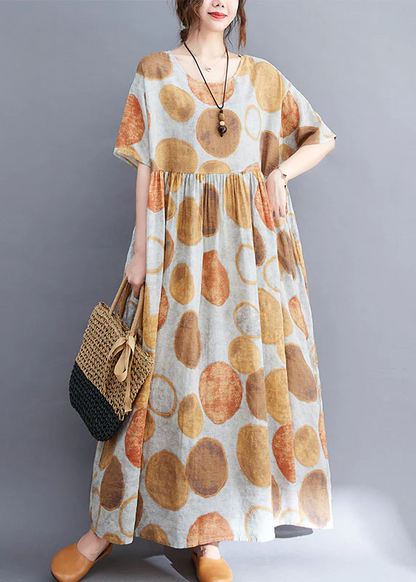 Women's O Neck Crinkle Dot Printed Linen Maxi Dress