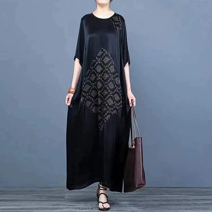 French Printed Geometric Silk O-Neck Long Dress