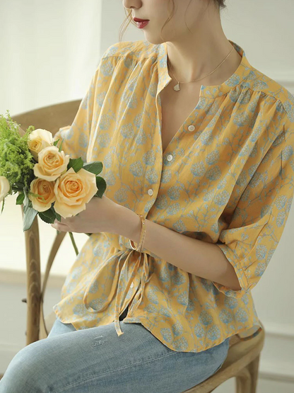 Elegant V-Neck Floral Print Cardigan Shirt Top