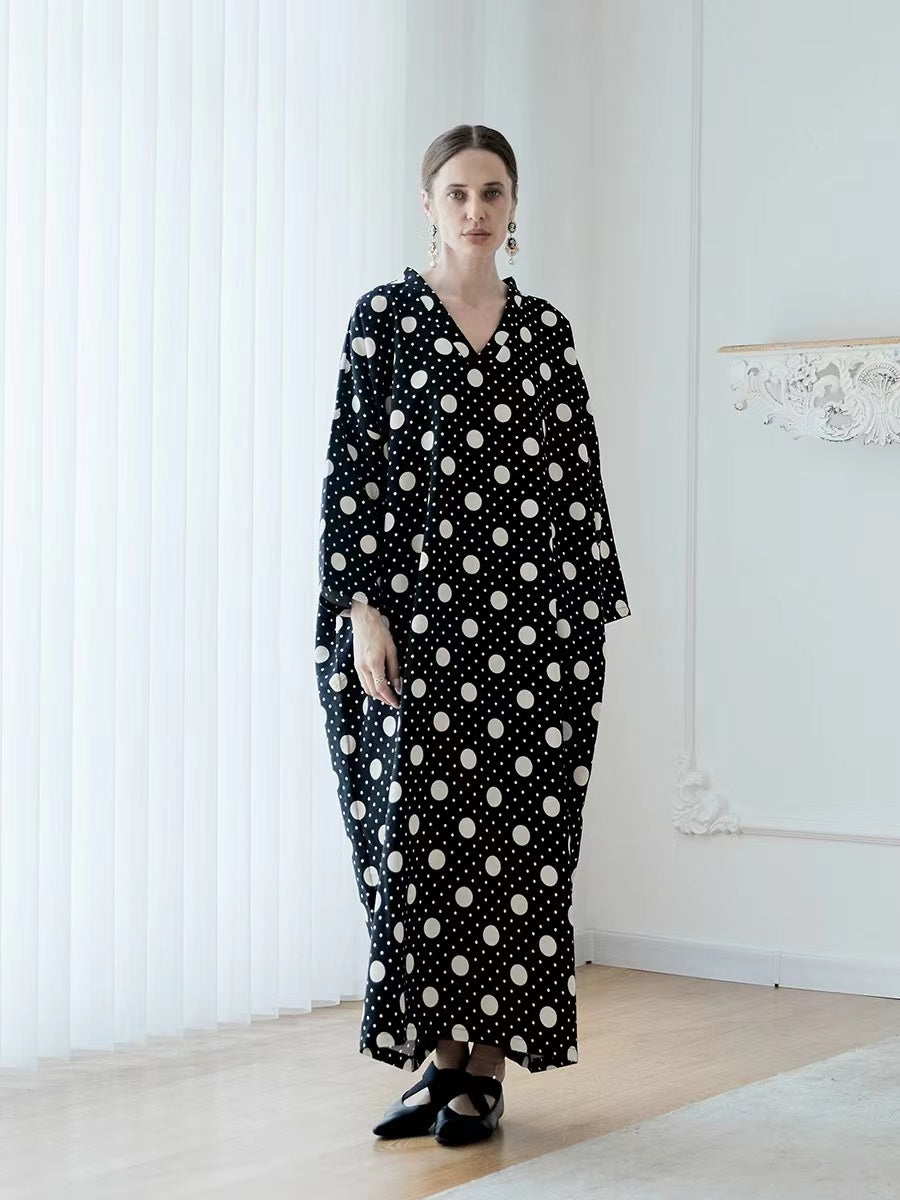 Elegant Plus Size Printed Polka Dot Black Long Sleeve Long Dresses