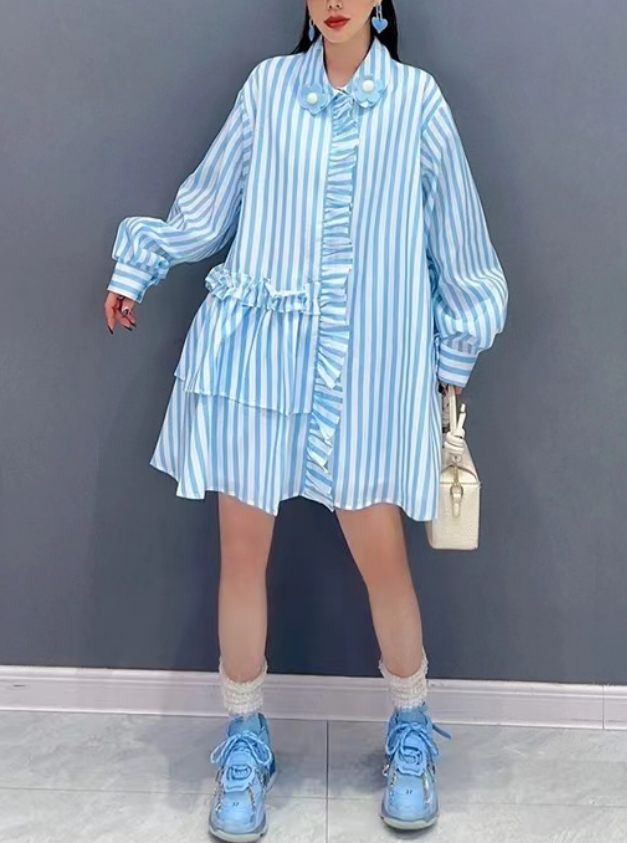 Stylish Striped Ruffle Shirt Dress