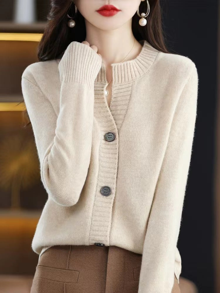 French Solid Wool Knit O-Neck Button Down Jacket Top