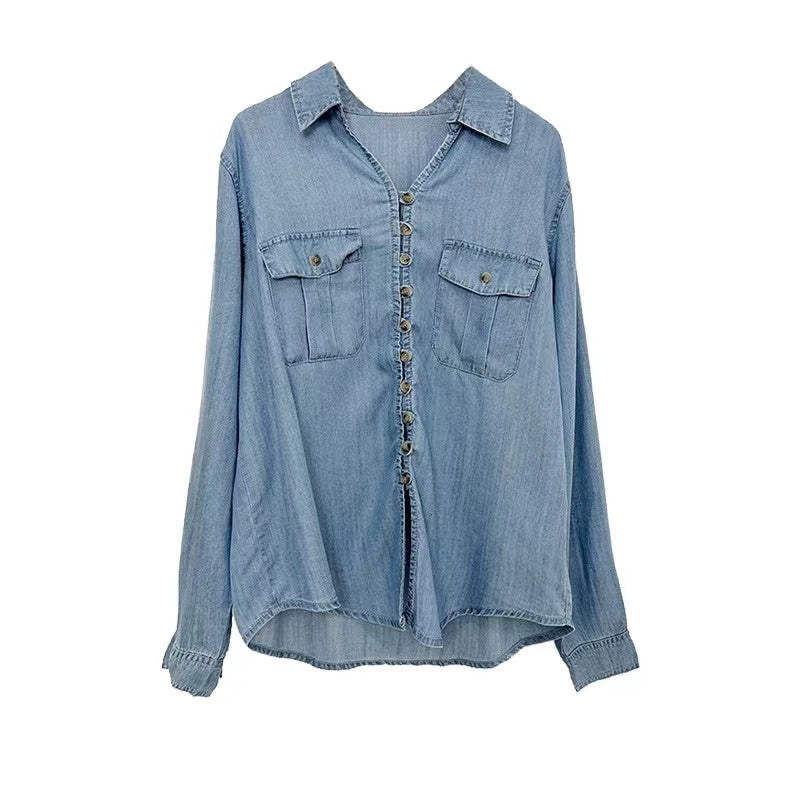 Loose Pocket Button Cardigan Tencel Long Sleeve Shirt Denim