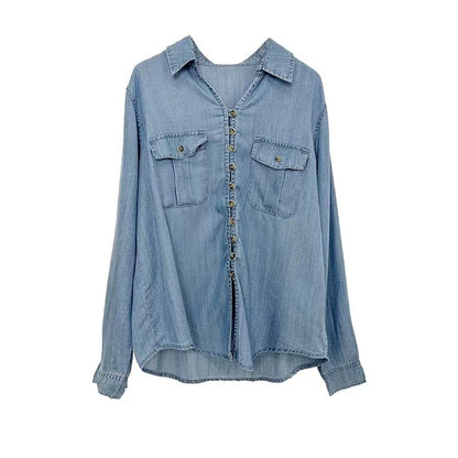 Loose Pocket Button Cardigan Tencel Long Sleeve Shirt Denim