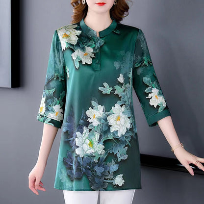 Elegant Standing Collar Printed Silk Short Sleeve Blouse Top