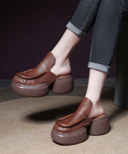 Brown Retro Patchwork Cowhide Thick Sole Slippers