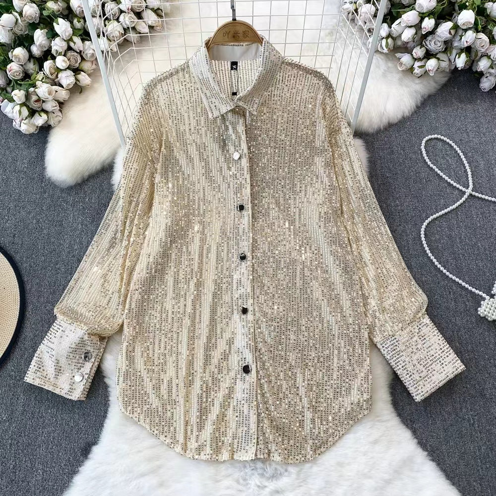 Fashion Glitter Sequins Lapel Cardigan Long Sleeve Shirt Top