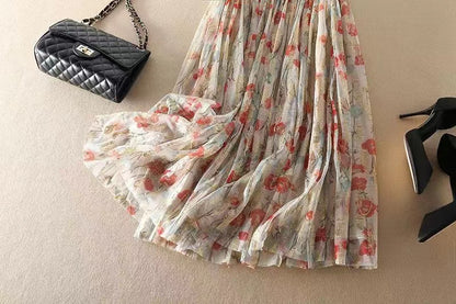 High Waist Zipper Printed Tulle Long Halter Skirt