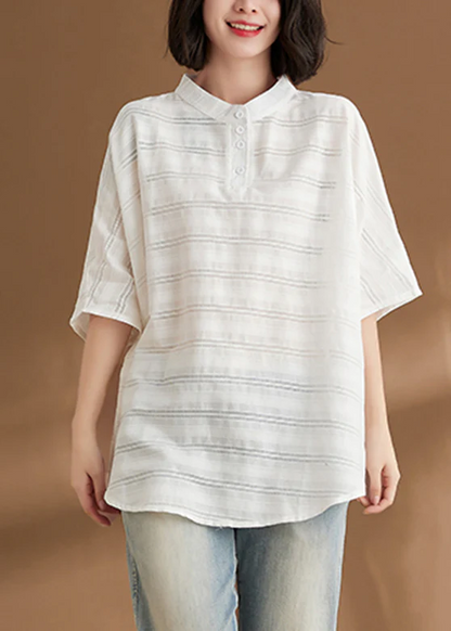 Loose Striped Button Down Shirt Batwing Sleeve