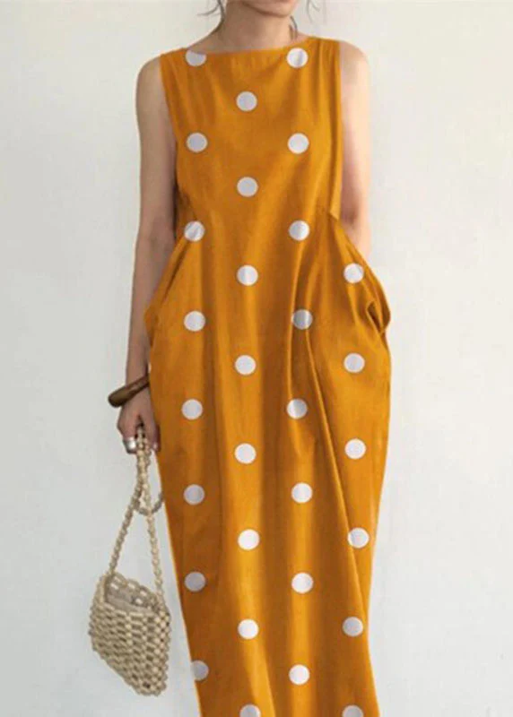 Colorblocked Polka Dot Print Pocket Long Sleeveless Dress